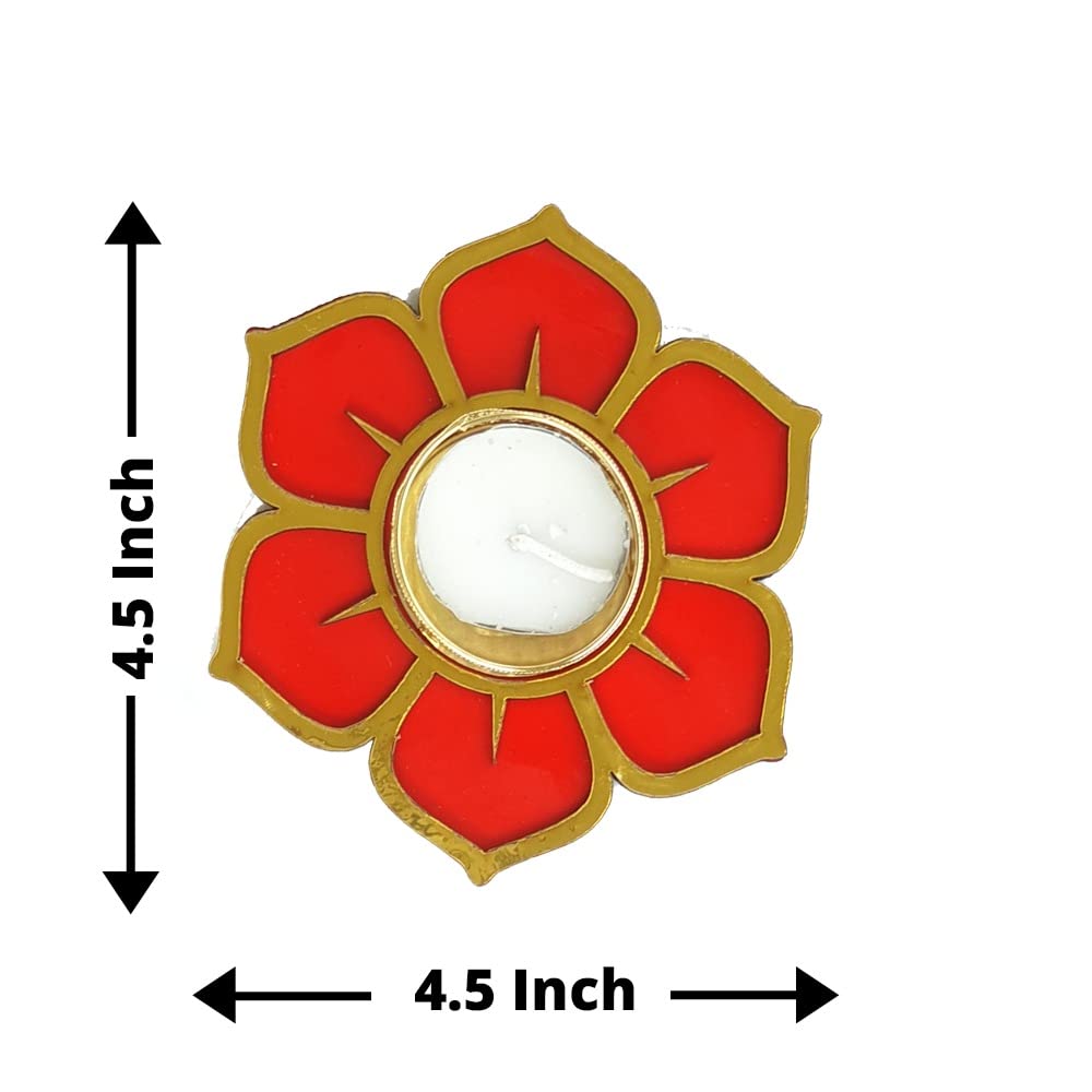 Gift Jaipur Handmade 7 Pc Red Lotus with Flower Diya Rangoli Candles with Wax (4 Inch) - Deepak Diyas Home Temple Decorations fo